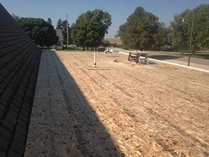 flat-roof-installation-Elizabethtown-KY-Kentucky-1 | Commercial Roofing Pros Unfinished roof deck with exposed plywood sheathing, a vent pipe, and construction tools on a sunny day with trees in the background.